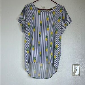 Tacera Striped Pineapple Print Women's Top high low hem Sz Large